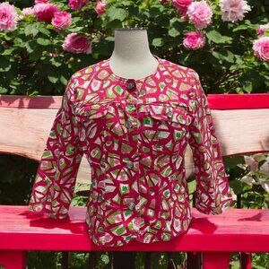 Lark Lane Womens 14P Pink Green Abstract Floral Jacket Lightweight Feminine Chic